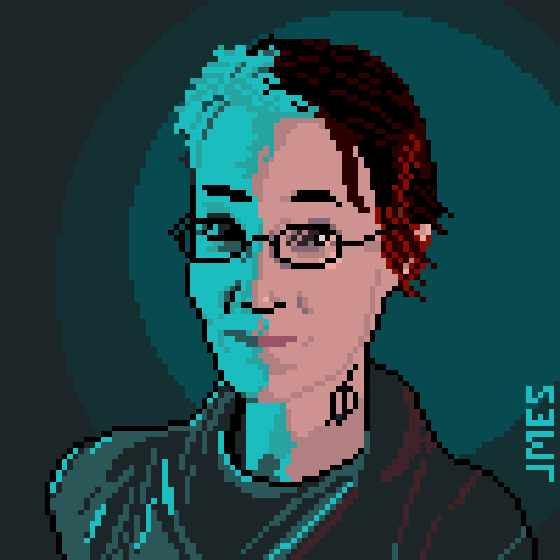 A pixel art piece. It's my rendition of @esther's profile picture. She stands slightly side on and looks into the camera. Her right side is lit by a turquoise light, the right appears redder. Slight smirk. Neck tattoo on display.
